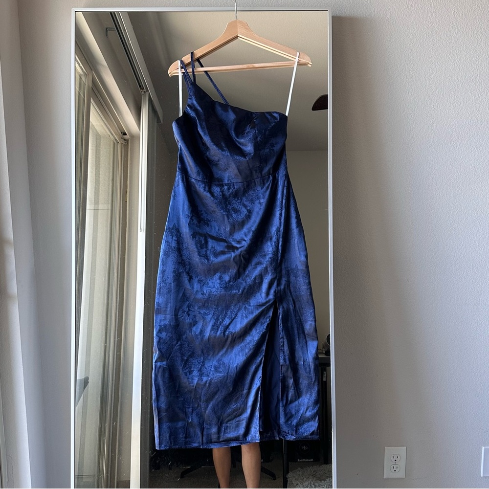 Navy Blue Satin Jacquard One Shoulder Midi Dress Cocktail Dress